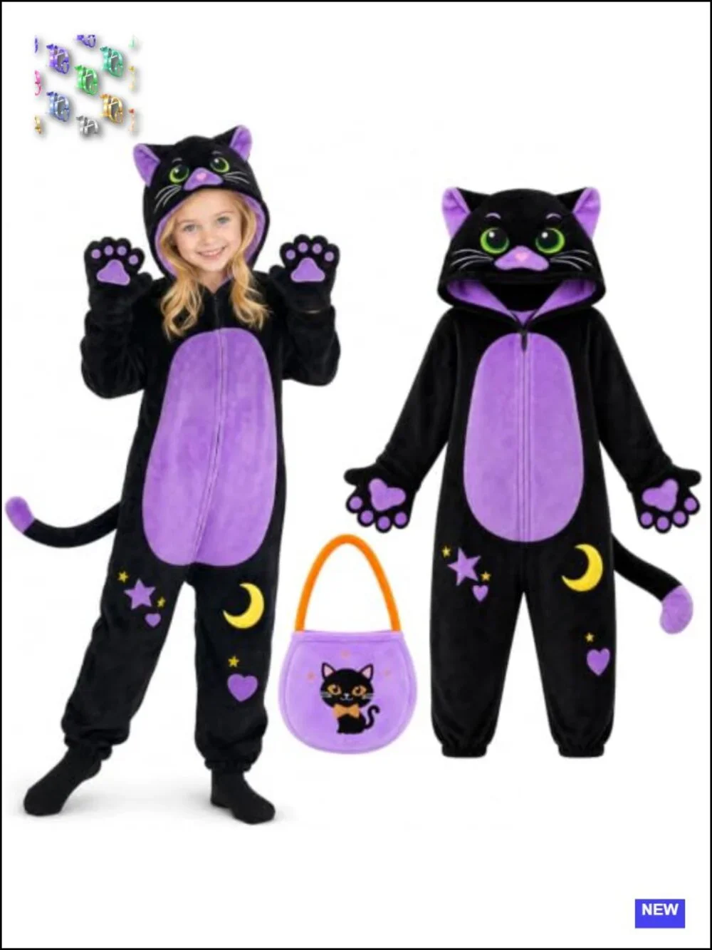 Black Cat Halloween Costume Onesie with Tail & Paw Gloves for Kids
